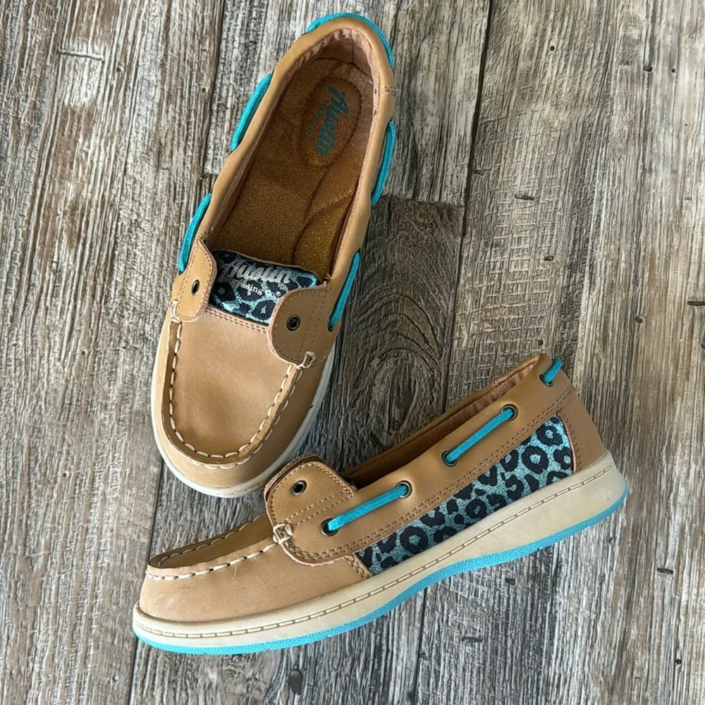 AUSTIN TRADING Company BOAT SHOES Slip On Tan TEAL LEOPARD Girls Size 5D